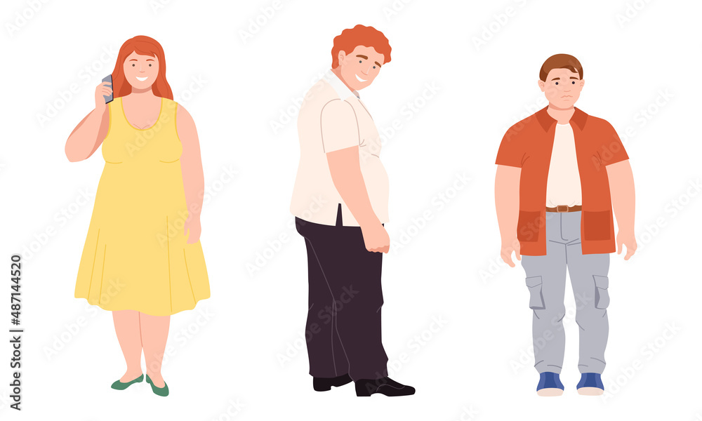 Fototapeta premium Man and Woman Character with Corpulent Body Standing Full Length Vector Illustration Set