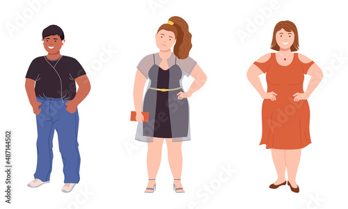 Man and Woman Character with Corpulent Body Standing Full Length Vector Illustration Set