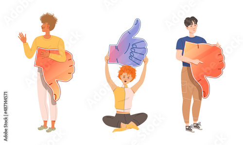 Young Man and Woman Holding Thumb Up and Down Sign as Notification of Approval and Disapproval Vector Illustration Set