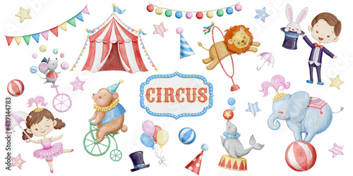 Cute circus watercolor illustration set. Circus tent, magician,  elephant, bear, mouse, rabbit, sea lion, logo.