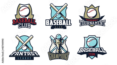 Set of logos, baseball emblems. Colorful collection of baseball emblems. Logo template for sports american tournaments, sports leagues, championship, champion cup, club. Ball, bat. Vector illustration