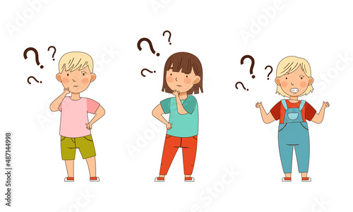 Puzzled Little Boy and Girl with Question Mark Scratching Head Wondering Vector Illustration Set