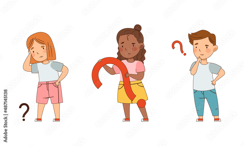 Puzzled Little Boy and Girl with Question Mark Scratching Head Wondering Vector Illustration Set Puzzled Little Boy and Girl with Question Mark Scratching Head Wondering Vector Illustration Set