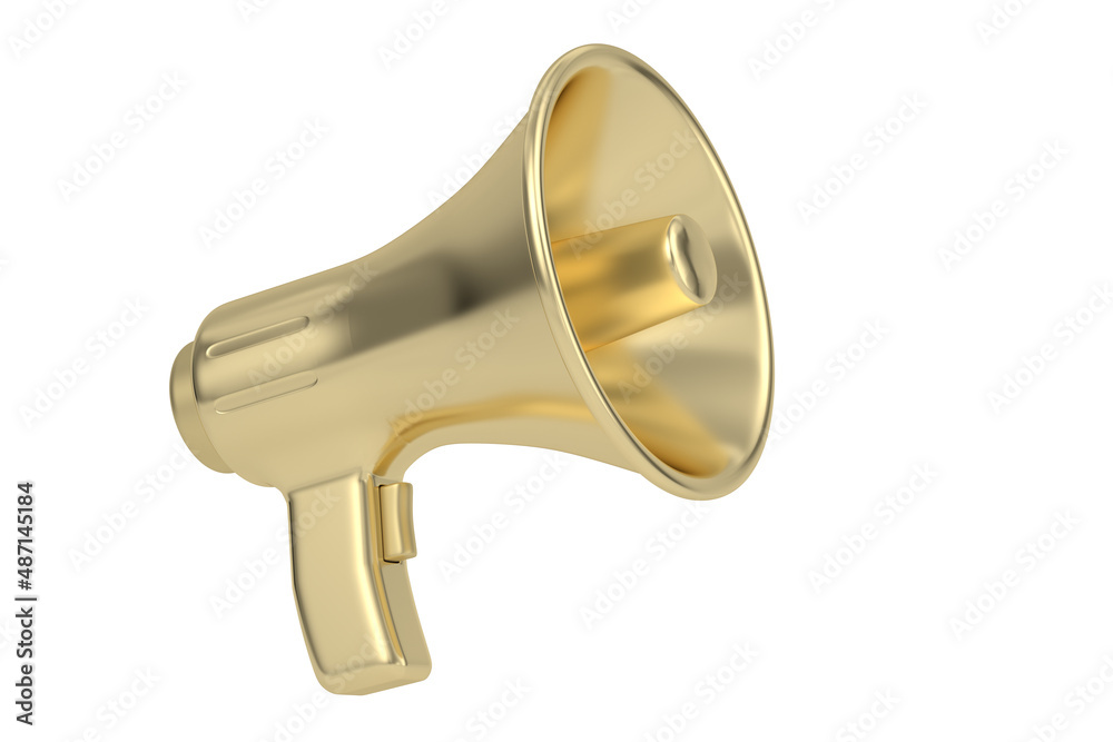 A Gold Megaphone isolated on white background.  3D rendering. 3D illustration.