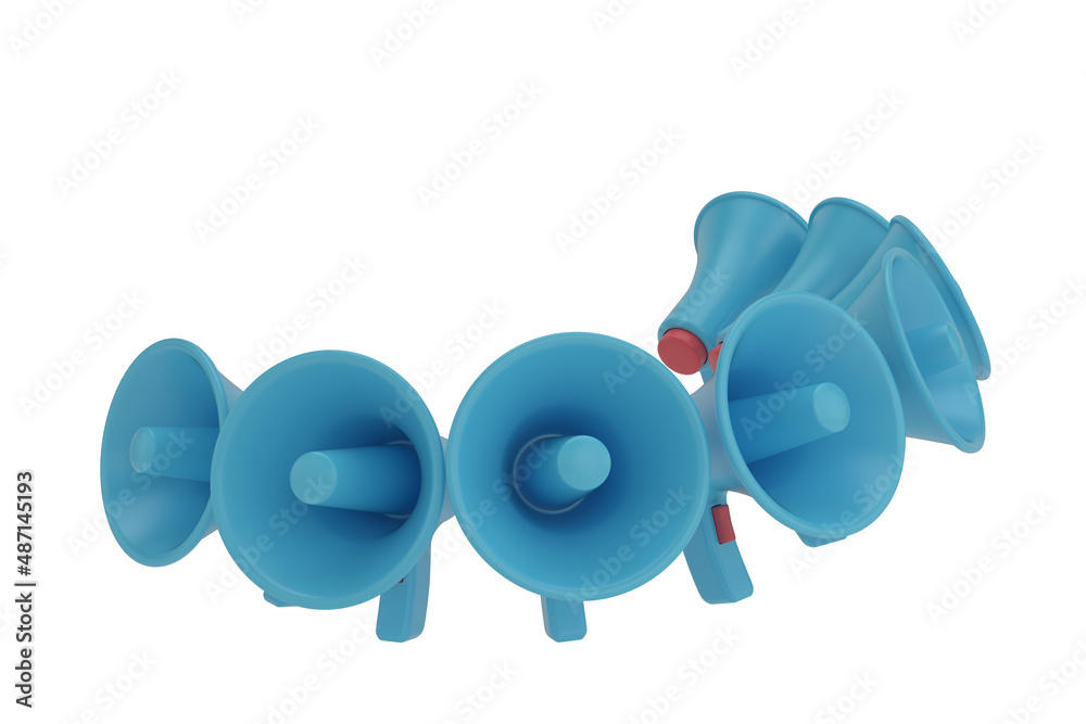 Group of Megaphone isolated on white background. 3D rendering. 3D illustration. Group of Megaphone isolated on white background. 3D rendering. 3D illustration.