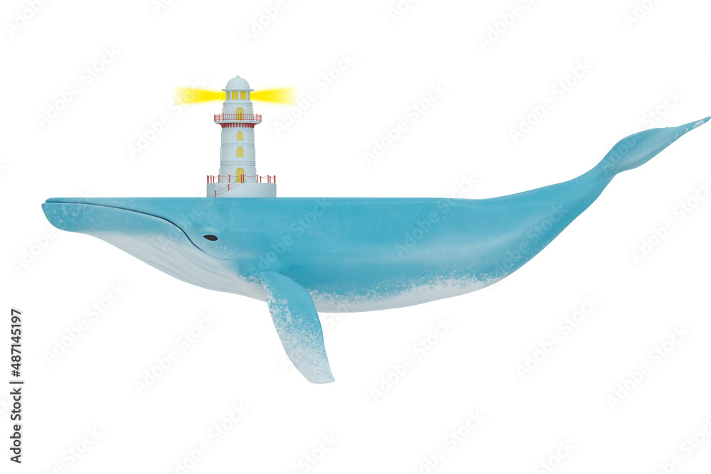 Fototapeta premium Blue whale with lighthouse isolated on white background. 3D rendering. 3D illustration.