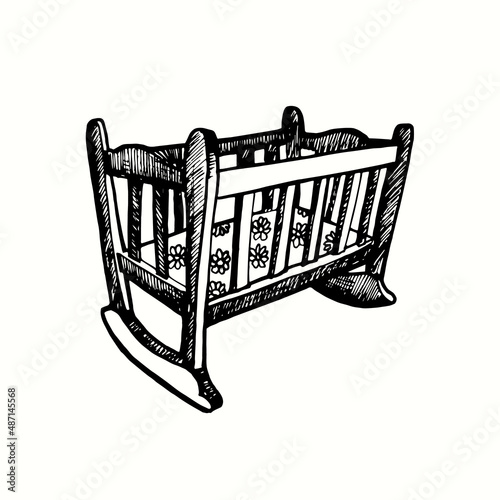 Cradle. Ink black and white doodle drawing in woodcut style