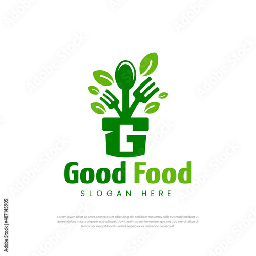 Unique logo of flower pot initials G, and fork and spoon