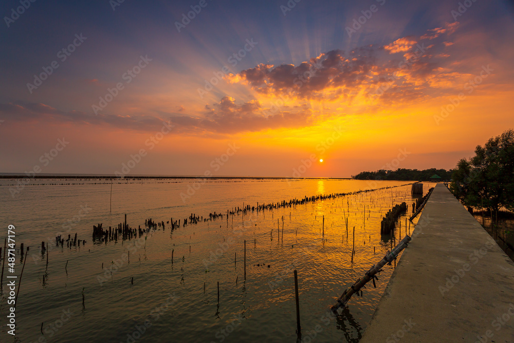 Natural background of route amidst the sea and the mangrove forest and beautiful nature during sunrise ,sunset. Beautiful landscape of Thailand 