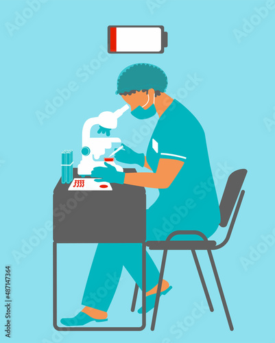 A female nurse in a laboratory is overwhelmed by a large amount of work. Scientific research in an epidemic. Professional burnout of medical personnel. © MaMboh
