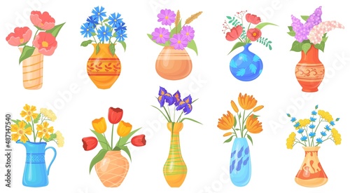Cartoon jug with flower. Blooming flowers in vases, colorful vase with bouquet spring plant, home floral pitcher lilac and tulips, bottle water flowerpot, neat vector illustration