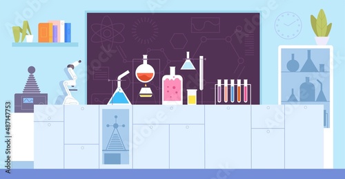Chemical laboratory classroom. School science lab background, cartoon chemistry room microbiological equipment, microscope table, board for experiment, splendid vector illustration