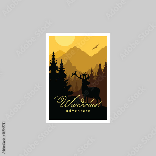 National park wanderlust with wild deer vintage poster vector illustration design