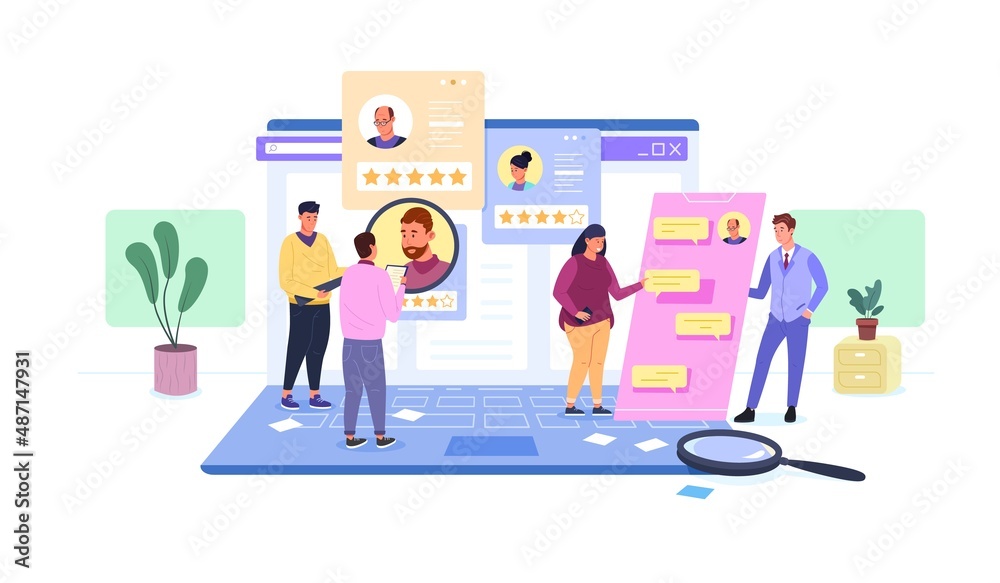 Best recruitment staff. Hire recruit, hr digital recruiting, zoom candidate resume, test employed talent workers, online offer employment hiring manager, garish vector illustration