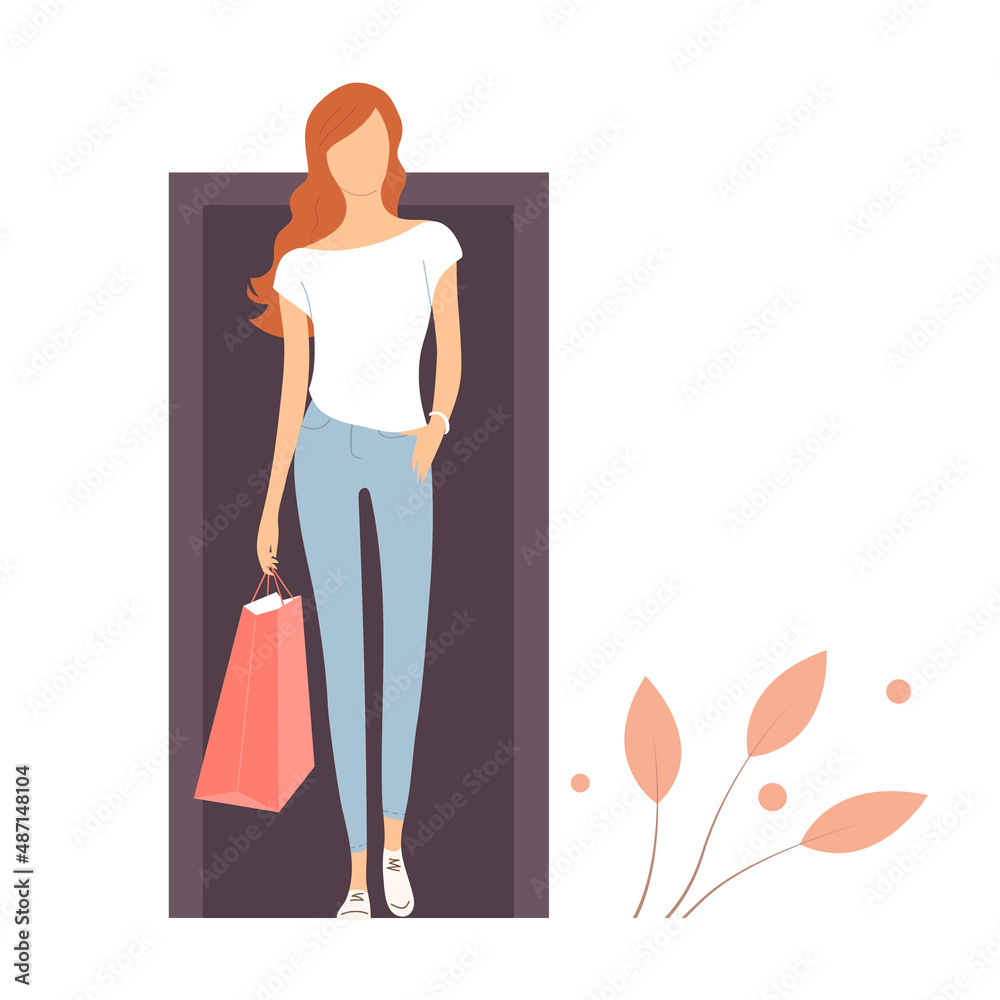 A young modern girl goes shopping. Fashion and beauty. In the hand a package from the store. Vector cartoon illustration A young modern girl goes shopping. Fashion and beauty. In the hand a package from the store. Vector cartoon illustration