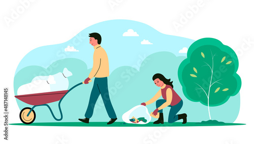 People clean up garbage in the park in nature. A man drives a wheelbarrow, a woman collects waste in a bag. Caring for cleanliness and ecology. Vector flat illustration