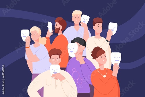 Hiding mask of group. Fake personality impostor person, liar faces, depressed man and woman sad emoticon, concept anonymity, cartoon people behind, vector illustration