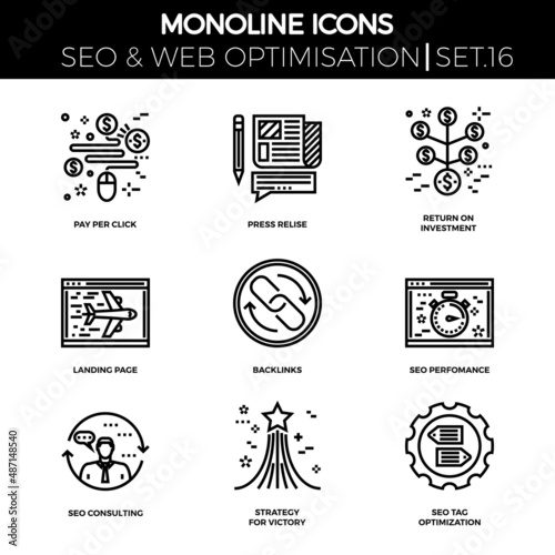 Line icons set with flat design of seo. Pay per click, press relise, return on investment, landing page, backlinks, perfomance, consulting, strategy for victory, seo tag optimization. Monoline icons
