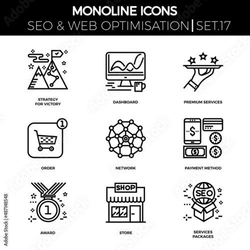 Line icons set with flat design of search engine optimization. Strategy for victory, dashboard, premium services, order, network, payment method, award, store, services packages. Monoline icons