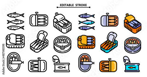 sardines tin can flat icons set