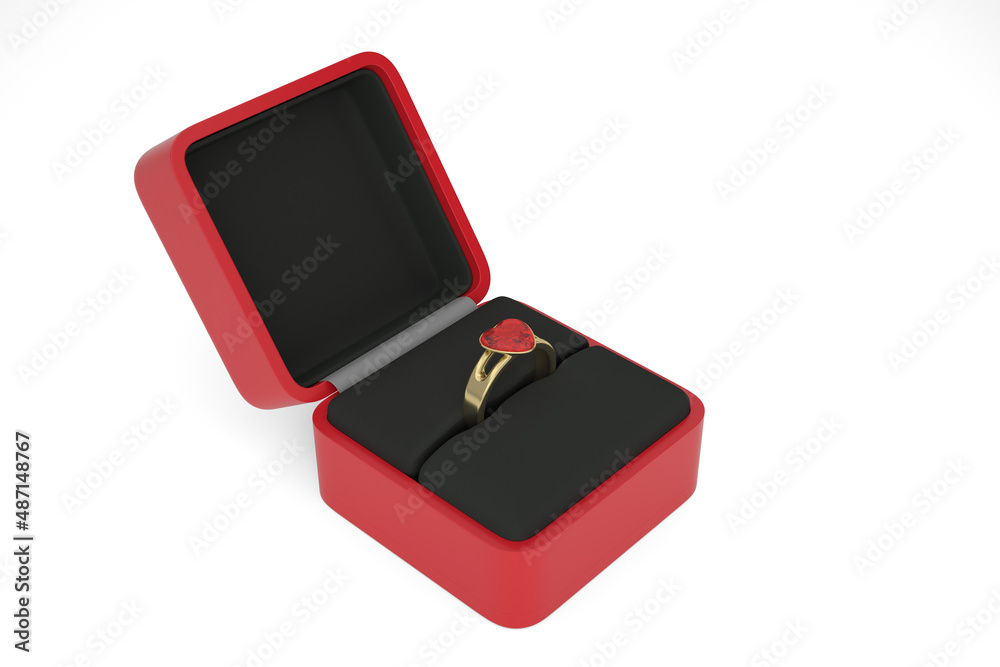 A ring in box on white background. Wedding proposal and love concept. 3D rendering. 3D illustration. A ring in box on white background. Wedding proposal and love concept. 3D rendering. 3D illustration.