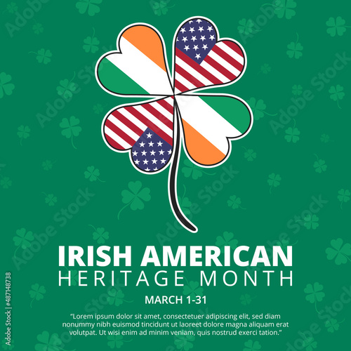 Irish American heritage month banner with clover leaves and nation flag