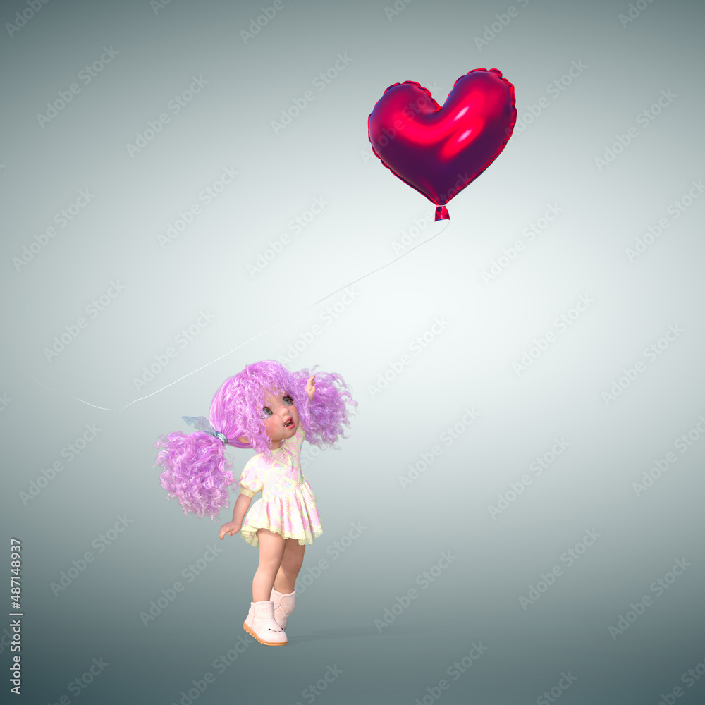 Fototapeta premium A little girl with a balloon. Funny and kind illustration. 3Drender