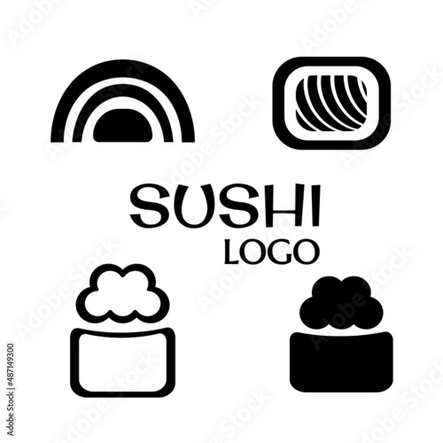 sushi logo set. graphic symbol with fish cut into sushi and rolls. monochrome japanese food icon sushi and roll. minimalistic image simple shapes design. illustration isolated vector sign symbol