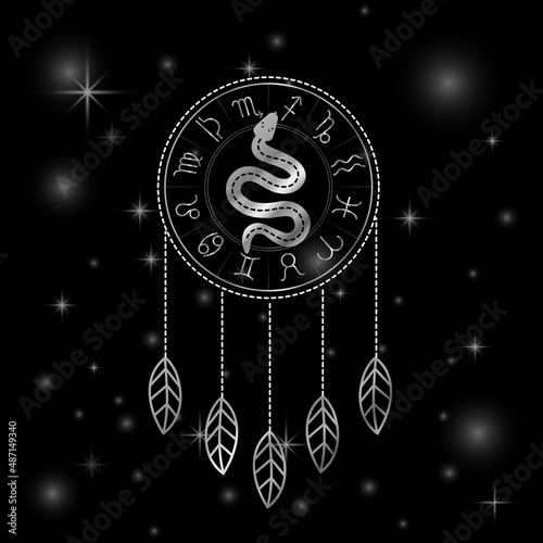 Dreamcatcher Zodiac symbols astrology horoscope signs with mystic snake in silver
