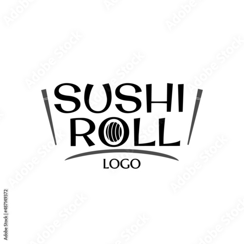 vector icon with text roll sushi. image roll and two stick template. illustration isolated vector sign symbol. Japanese traditional cuisine, tasty food sign. asian sushi bar minimal style