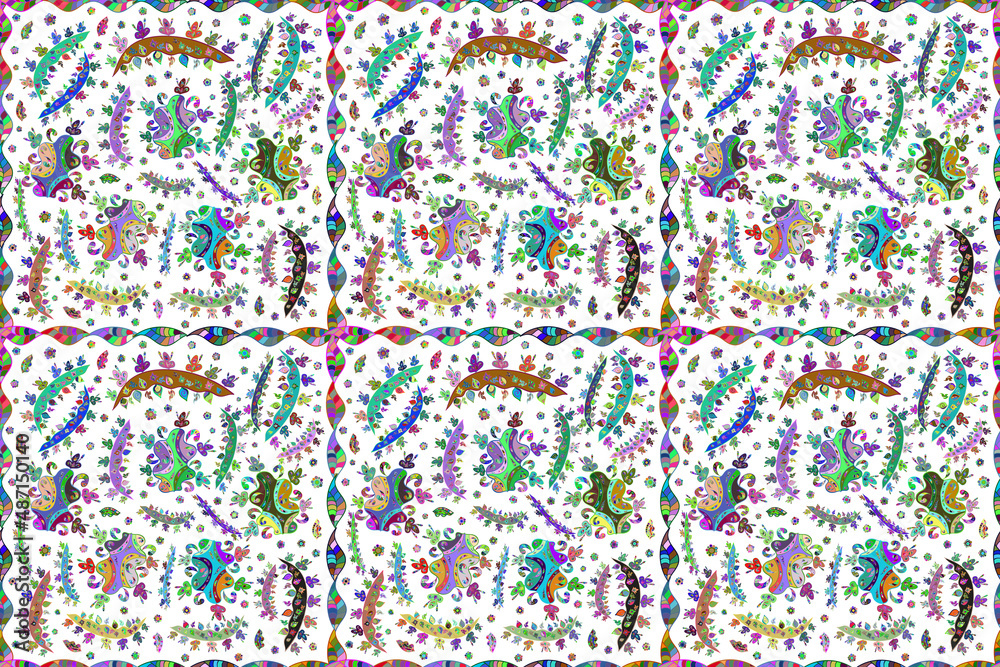 Seamless pattern with interesting doodles on colorfil background. Pano. Raster illustration. Seamless pattern with interesting doodles on colorfil background. Pano. Raster illustration.