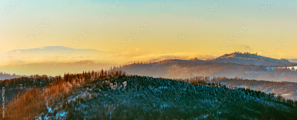 Early morning winter mountain panorama landscape