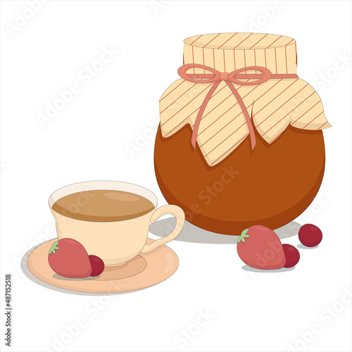 a jar of sweet berry jam with a mug of tea