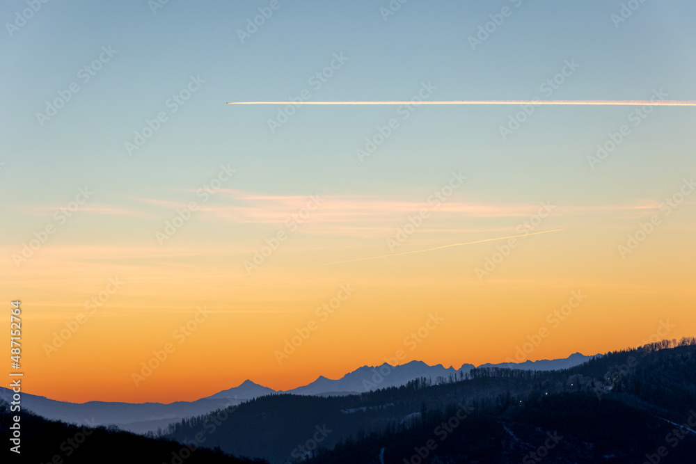 Beautiful morning dawn panorama mountains sunrise