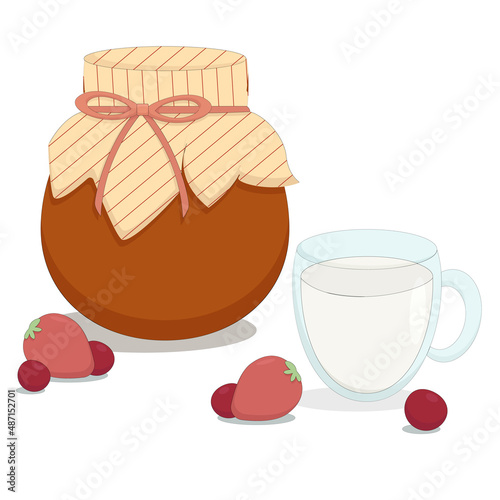 a jar of berry jam with a mug of cold milk