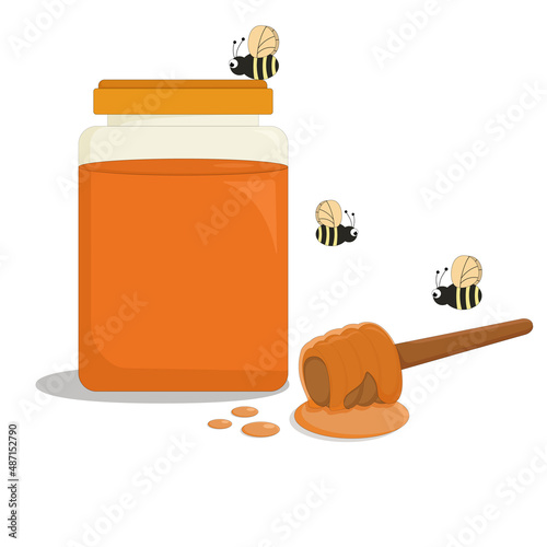glass jar of fragrant bee honey and bees