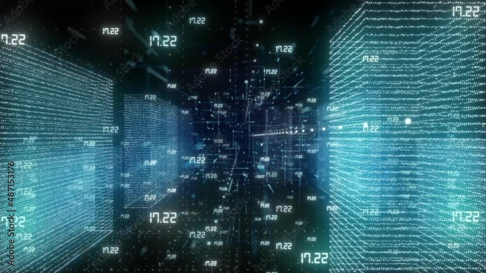 This is a motion stock graphic showing a camera flying through an abstract digital cityscape and random numbers. This is a motion stock graphic showing a camera flying through an abstract digital cityscape and random numbers.
