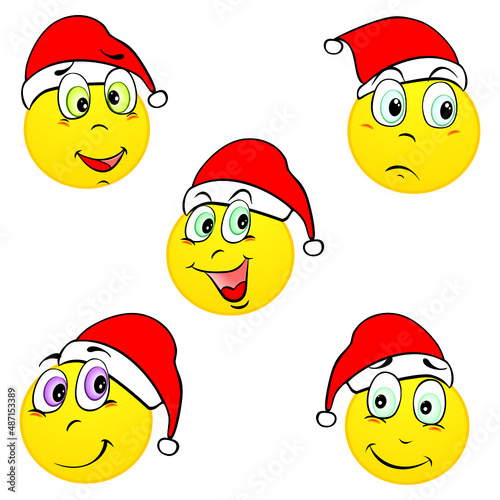 Emoji and sad New Year hat icon set. Vector illustration