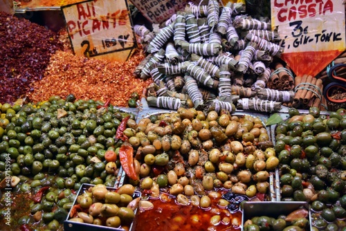Fresh and healthy many olives for sale at a market