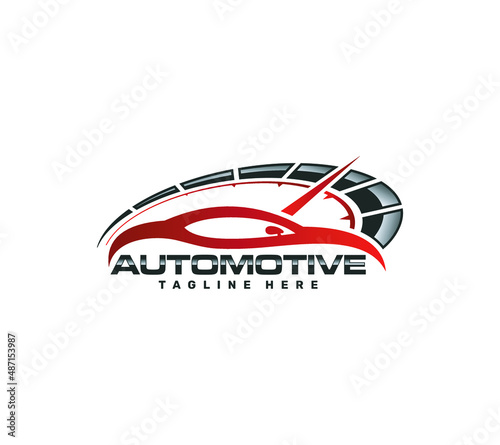 Automotive vector logo template with car, automobile, motor, race, meter, speed, power.