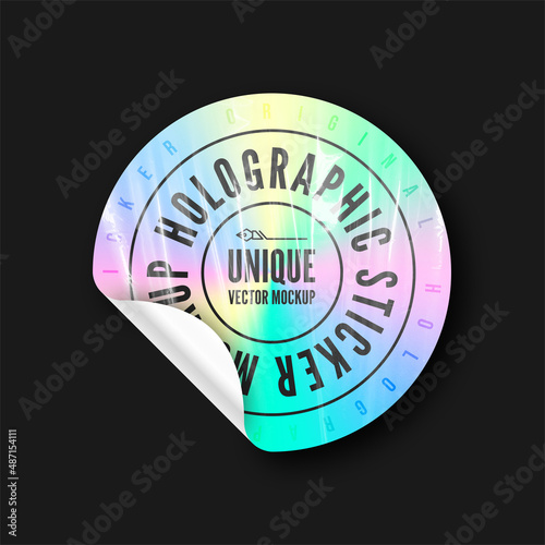 Holographic sticker mockup. Paper holographic sticker and label with wrapped edge. Hologram sticker and patch with plastic texture
