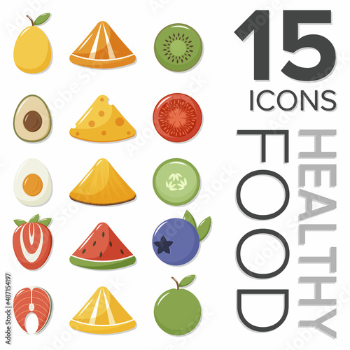 Healthy diet foods, seasonal fruits and vegetables, sea red fish with omega, dairy products, cheese, eggs and berries. Vector elements and stickers of proper nutrition.