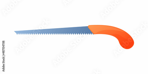 Vector illustration hacksaw with orange handle isolated on white background. Carpenter or repairmen handsaw vector icon in flat cartoon style. Construction tool. Saw for cutting metal and tree.