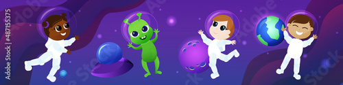 Children and a friendly alien dressed as astronauts fly in space next to a flying saucer. Children are happy, they smile and play against the backdrop of Planet 