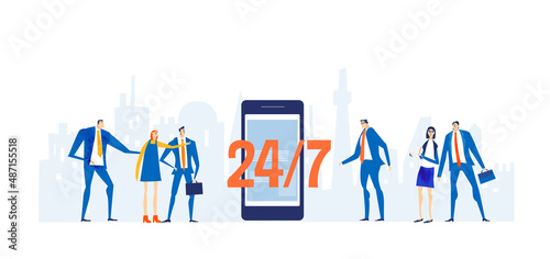 Business people, team ready to help 24x7. Support, help, control, advisory concept. Business concept illustration.