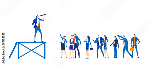 Businessman, leader looking with the telescope controlling and monitoring the situation.  Business concept illustration.