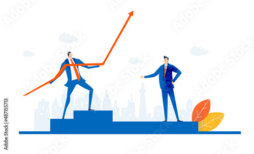 Businessman with red arrow, controlling and monitoring the situation.  Business concept illustration.