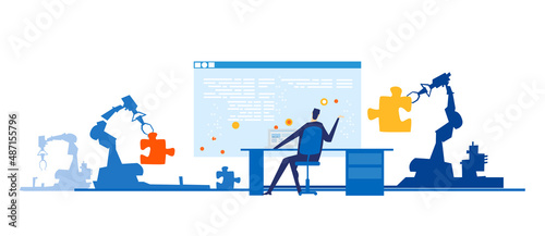 Businessman working by his desk and monitoring robotic's arms, people working with artificial intelligence, robots help people. 