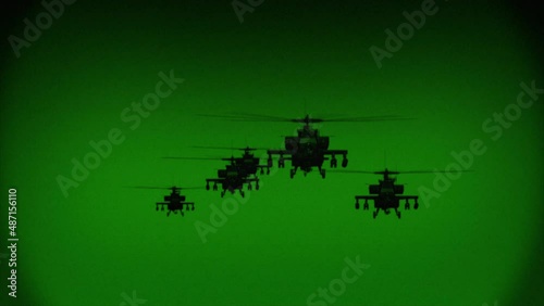 Apache AH-64 helicopters fly at night, night vision infrared