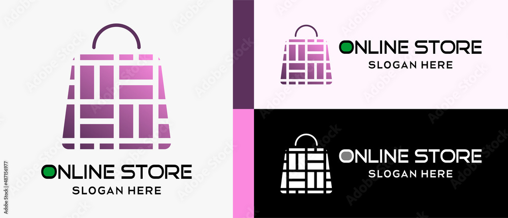 online shopping or online shop logo design template with shopping bag element concept in modern woven art. premium online shop logo illustration vector